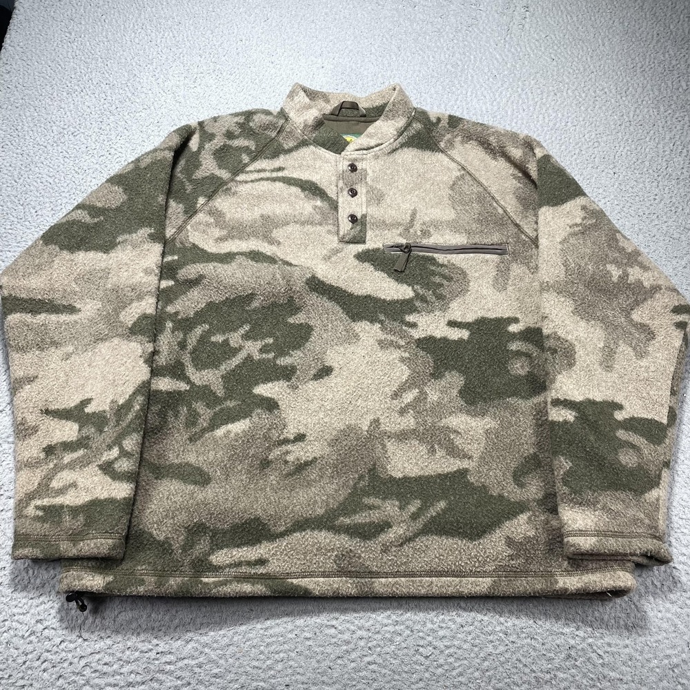 Cabela's Sweater Mens XL Green Camo Fleece Henley Mock Neck Windshear Hunting